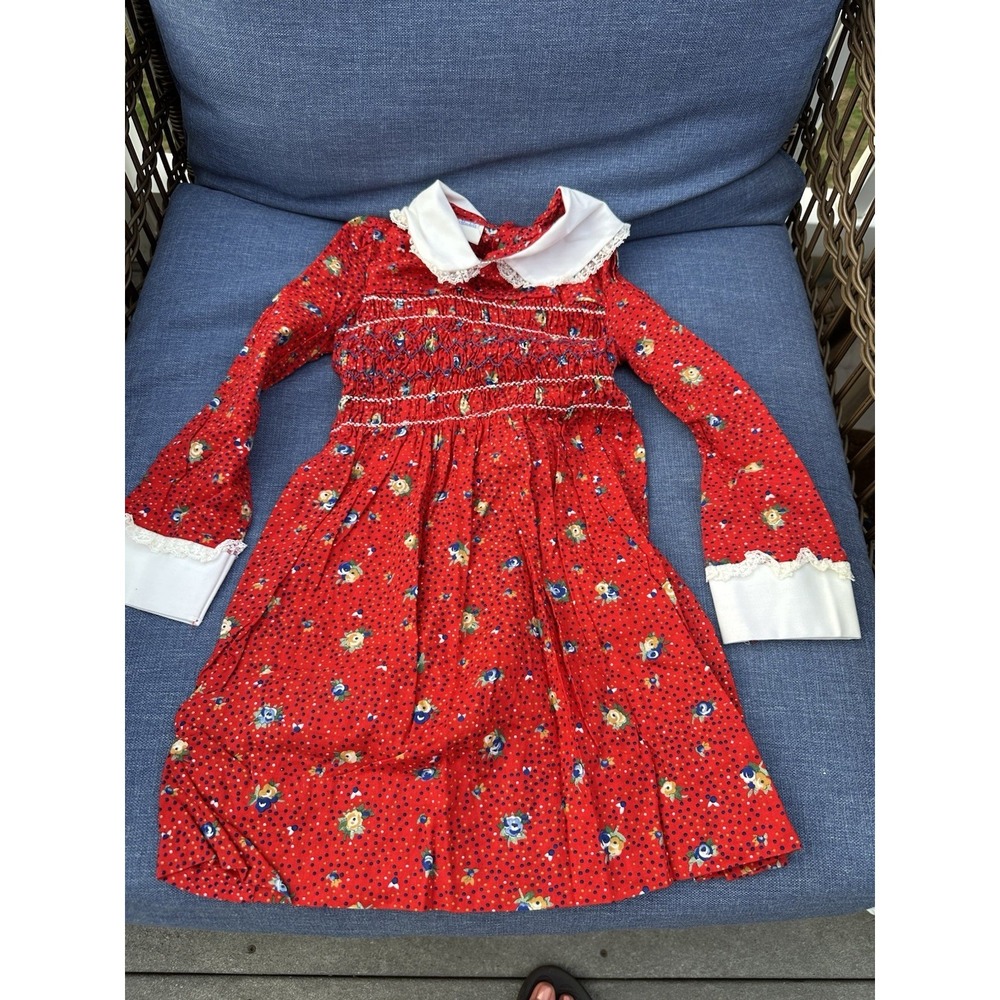 Vintage Polly Flinders red floral Smocked cottage core prairie dress girls sz 6